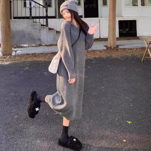 秋冬100%纯羊毛衫女连帽针织连衣裙宽松长款过膝毛衣裙加厚长裙