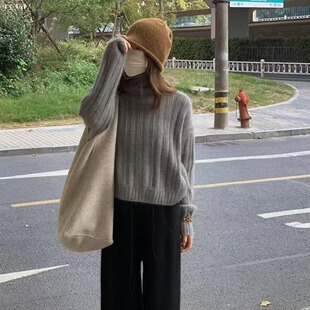 秋冬加厚100%纯羊毛衫女高领针织衫宽松毛衣打底衫套头短款小个子