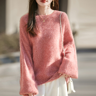 秋冬拉绒100纯羊毛衫女圆领加厚针织毛衣宽松慵懒风大码羊绒上衣