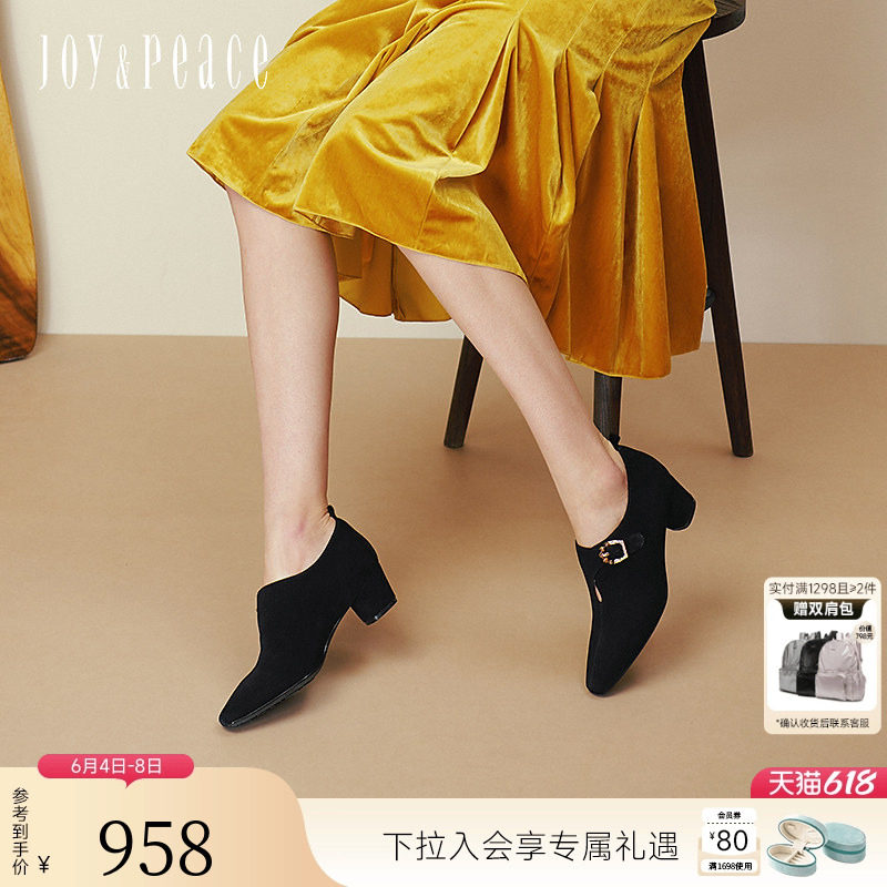 真美诗秋新款羊绒老钱风虎眼石针扣粗跟单鞋踝靴子女69797CM5