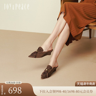 真美诗2025秋新款 女Y1L01CH5 牛皮老钱风流苏坡跟包头拖穆勒拖单鞋