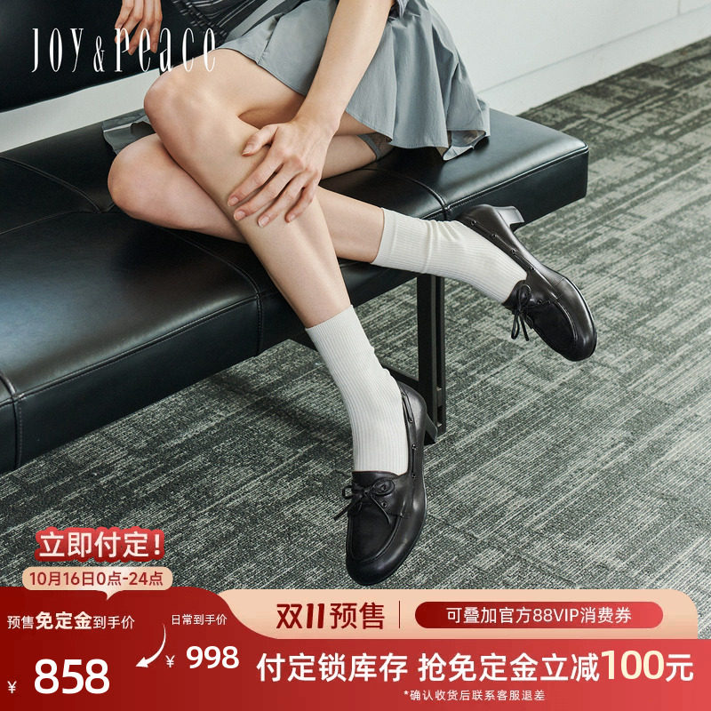 真美诗天才女友2026秋新款牛皮蝴蝶结复古帆船鞋粗跟小皮鞋乐福鞋