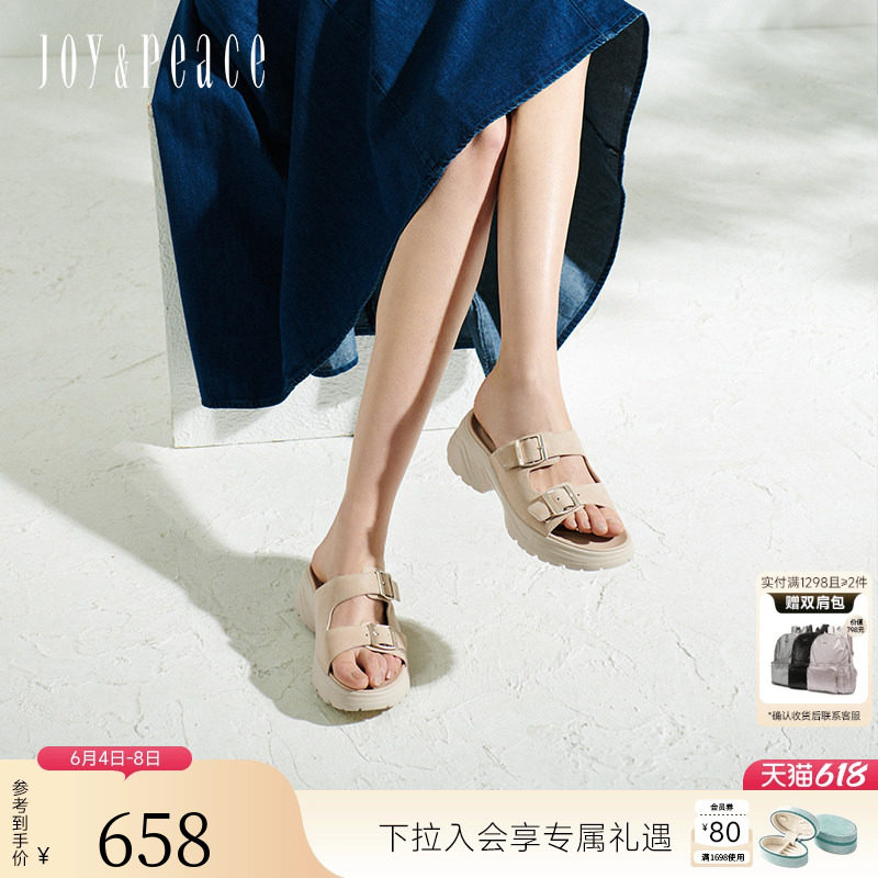 【下拉领券】真美诗夏新款羊皮双排扣运动休闲通勤凉鞋拖鞋女外穿