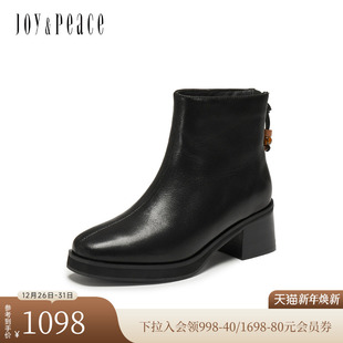 靴短靴女579L3DD5 羊皮舒优雅简约方头粗跟时装 真美诗2025冬季 新款