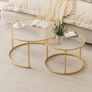 轻奢现代小户型客厅家用长虹玻璃桌子创意组合圆形奶油风简约茶几