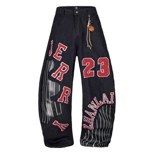 街头嘻哈数字母贴布刺绣牛仔裤 美式 女宽松阔腿加绒长裤 蚀月镜