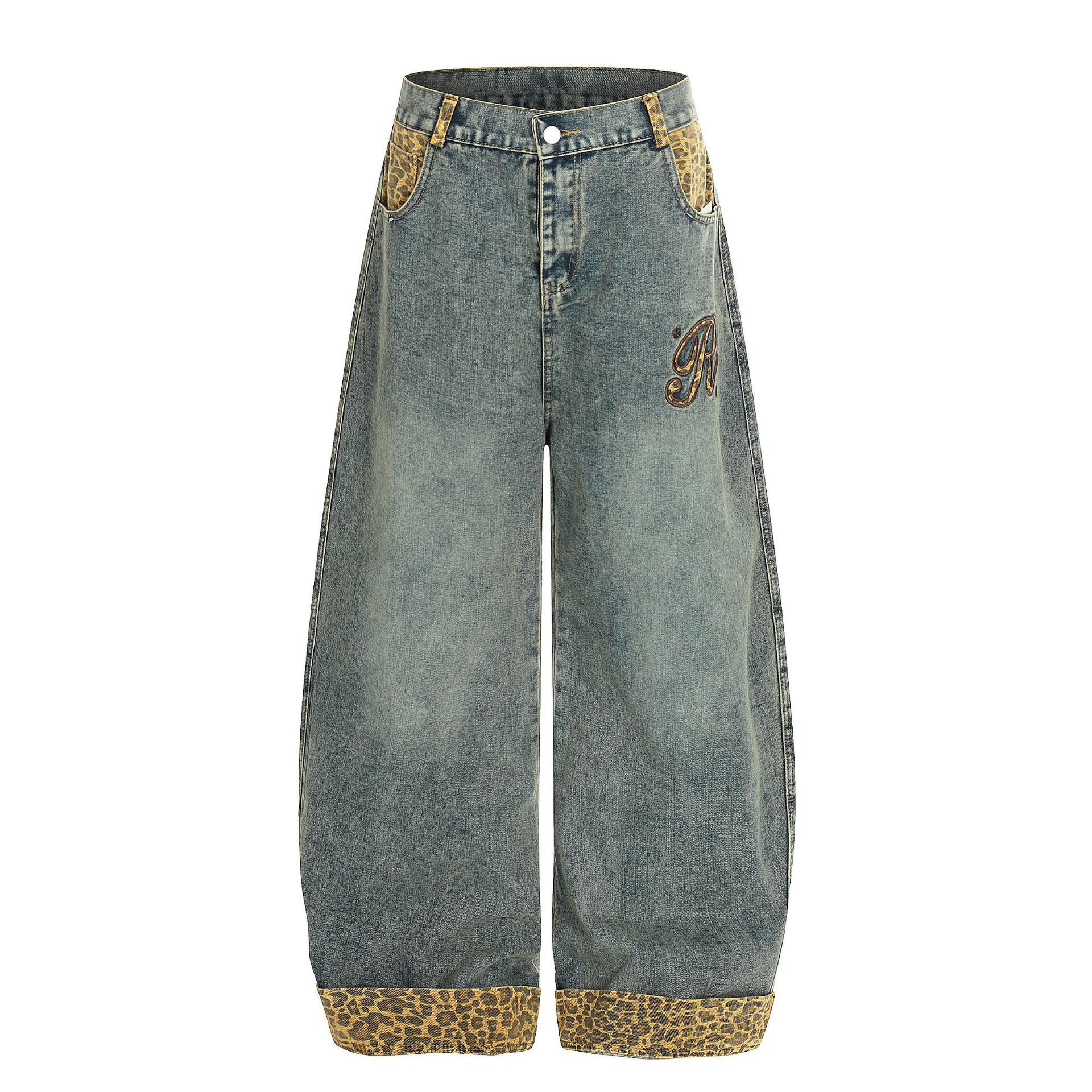 [蚀月镜] y2k千禧辣妹美式复古豹纹刺绣弯刀牛仔裤女宽松做旧长裤