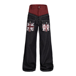 辣妹格子拼接牛仔裤 y2k千禧轻亚美式 女宽松街头潮牌ins 蚀月镜