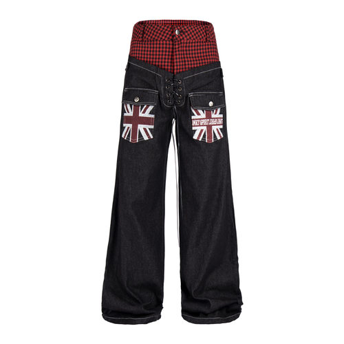 【蚀月镜】y2k千禧轻亚美式辣妹格子拼接牛仔裤女宽松街头潮牌ins