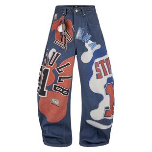 街头涂鸦牛仔裤 y2k千禧风美式 女加绒宽松阔腿弯刀长裤 蚀月镜