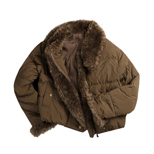 加厚保暖宽松棕色棉袄外套 美拉德大毛领翻领棉服女冬季 蚀月镜