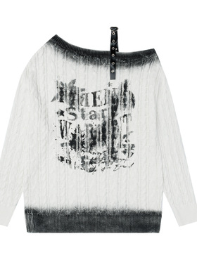 【蚀月镜】y2k轻亚比上衣斜肩字母涂鸦麻花针织衫女秋冬宽松毛衣