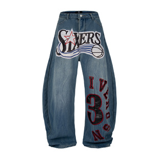 女宽松阔腿加绒长裤 欧美街头嘻哈数字母贴布刺绣牛仔裤 蚀月镜