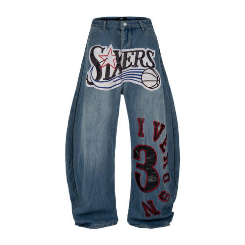 【蚀月镜】欧美街头嘻哈数字母贴布刺绣牛仔裤女宽松阔腿加绒长裤