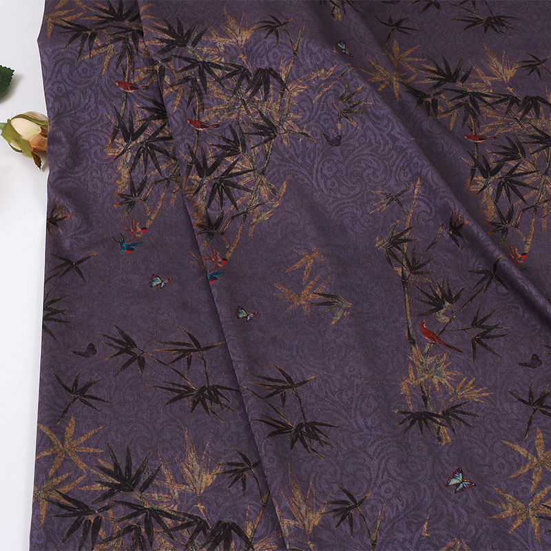 中式韵味竹叶牡丹红云纱印花面料 唐装旗袍上衣连衣裙面料现货