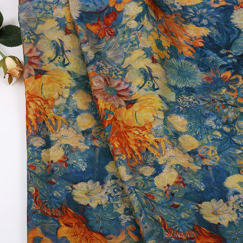 油画风繁花似锦人丝浮光锦印花面料  国风女装旗袍连衣裙花布