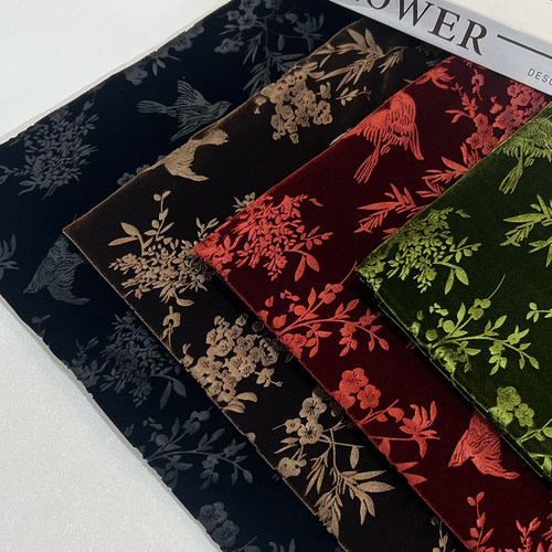 复古金纹花鸟丝绒压花面料  中老年旗袍外套连衣裙服装丝绒花布