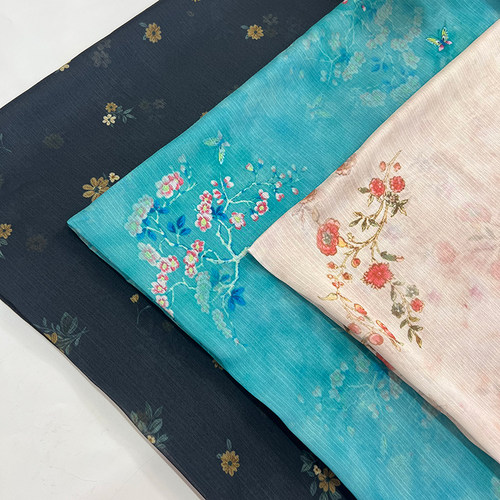 碧枝水墨花鸟真丝皱小提花面料  国风女装旗袍裙装上衣提花布料