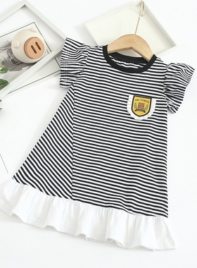 非常小鱼61399新款女童夏季针织纯棉凉快时尚条纹短袖A字连衣裙