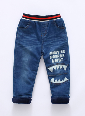 非常小鱼38712男童柔软休闲裤秋冬双层柔软舒适厚绒里牛仔长裤