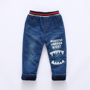 非常小鱼38712男童柔软休闲裤秋冬双层柔软舒适厚绒里牛仔长裤