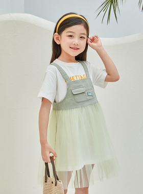 非常小鱼61370新款夏装女童针织纯棉短袖背带连衣纱裙套装100-140