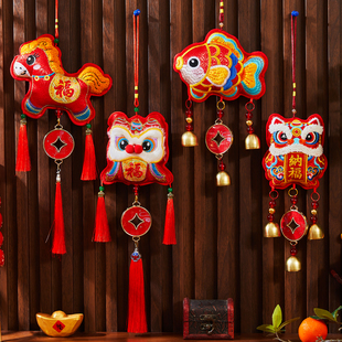 2026新年装饰品马年创意醒狮福字挂饰过年客厅家用大门铃铛挂件