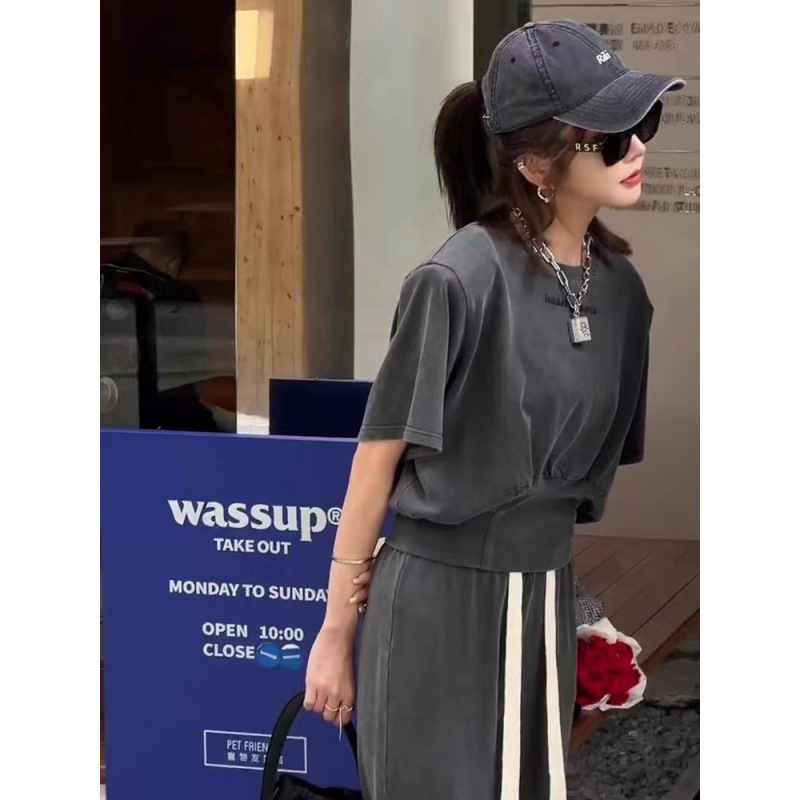 夏季新款宽松韩版高级感短袖长裤休闲两件套盐系时尚运动服套装女