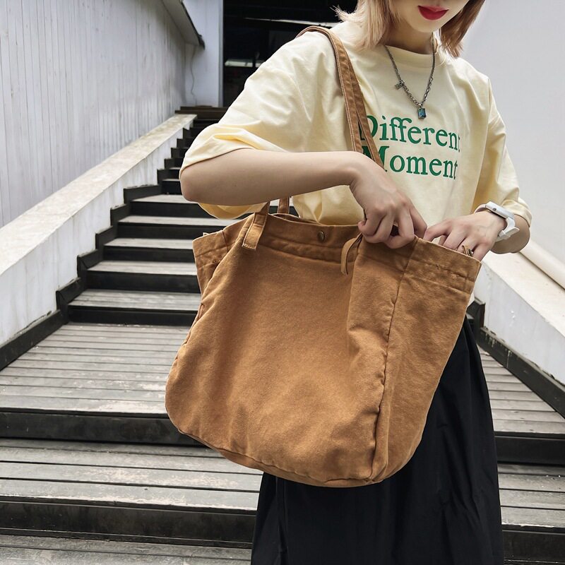日系慵懒风文艺大容量帆布包女纯色简约百搭购物袋学生上课单肩包
