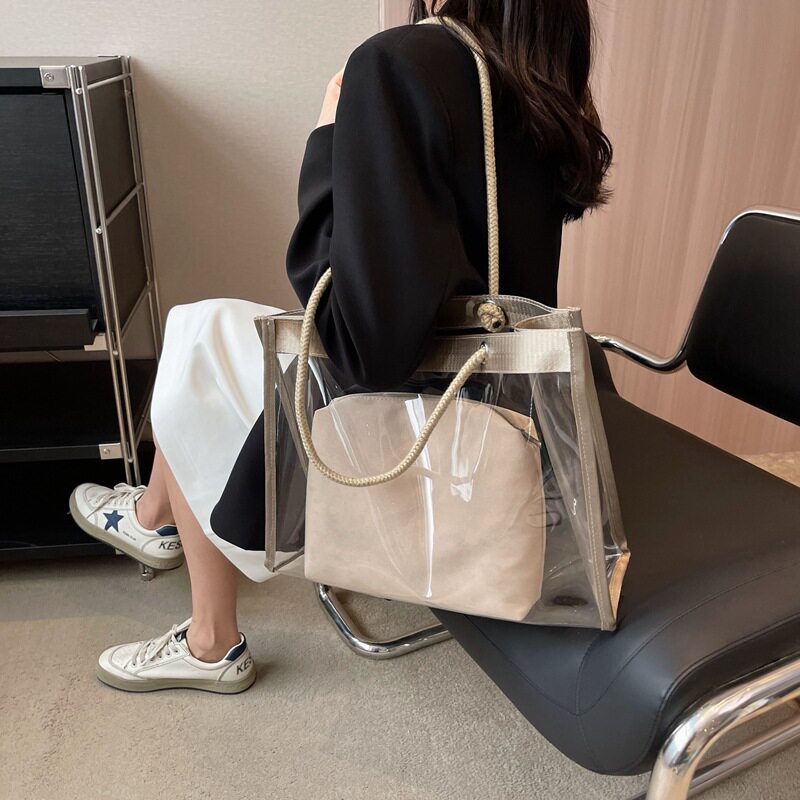 透明防水大容量PVC子母包手提小方包夏季新款百搭单肩包简约女包