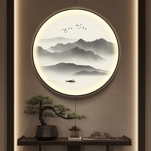 圆形山水画画新中式玄关挂画画茶室背景墙装饰灯画画水墨画画茶水