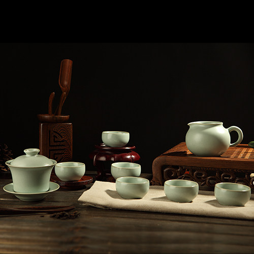 正品东道汝窑功夫茶具高档汝窑茶具套装整套装汝瓷 吉祥盖碗茶组