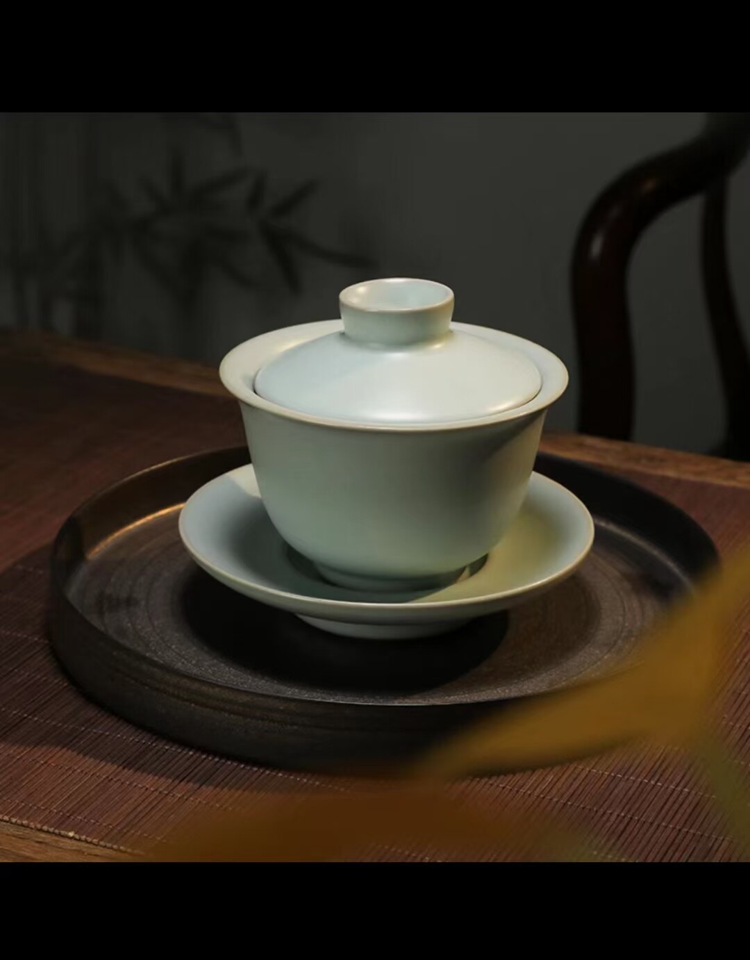 东道汝窑撇口盖碗大号天青色开片茶碗精品茶礼礼盒装