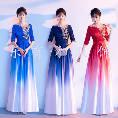 大合唱团演出服女新款主持人晚礼服连衣裙气质红歌比赛舞台表演服