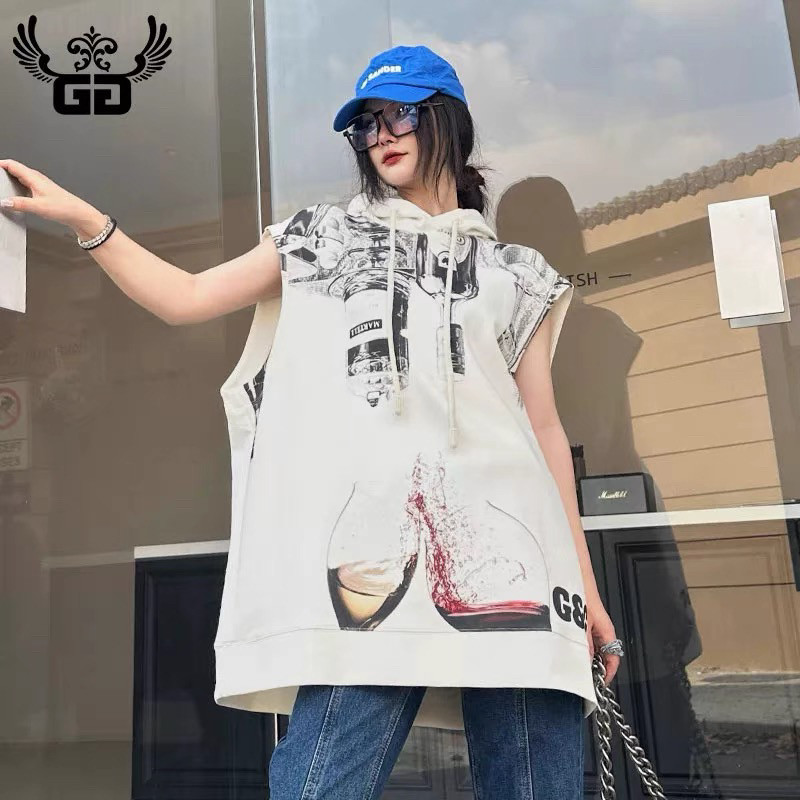 GG潮牌2024秋季法式印花连帽马甲女中长款宽松无袖洋气套头背心潮