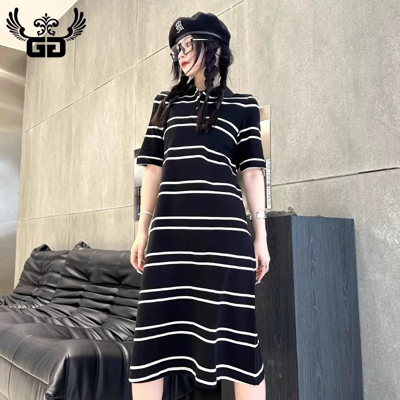 GG联名ZZF潮牌夏新款复古经典条纹polo领A字洋气短袖连衣裙长裙女