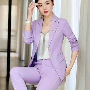 时尚洋气紫色西装套装女秋季修身休闲干练气质商务通勤职业装西服