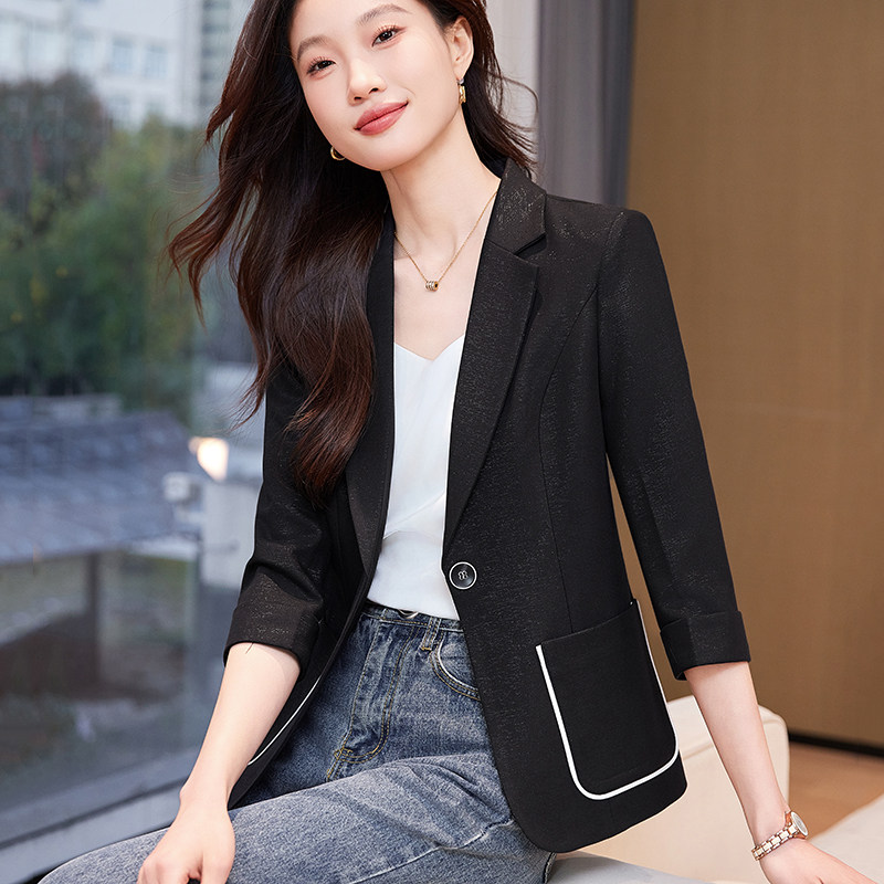 干练气质黑色亮丝小西装外套女春夏季新款薄款休闲通勤修身西服