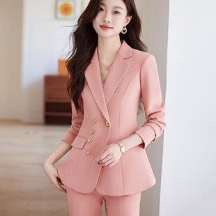 时尚气质粉色西装套装女春秋新款女神范播音主持休闲通勤职业西服