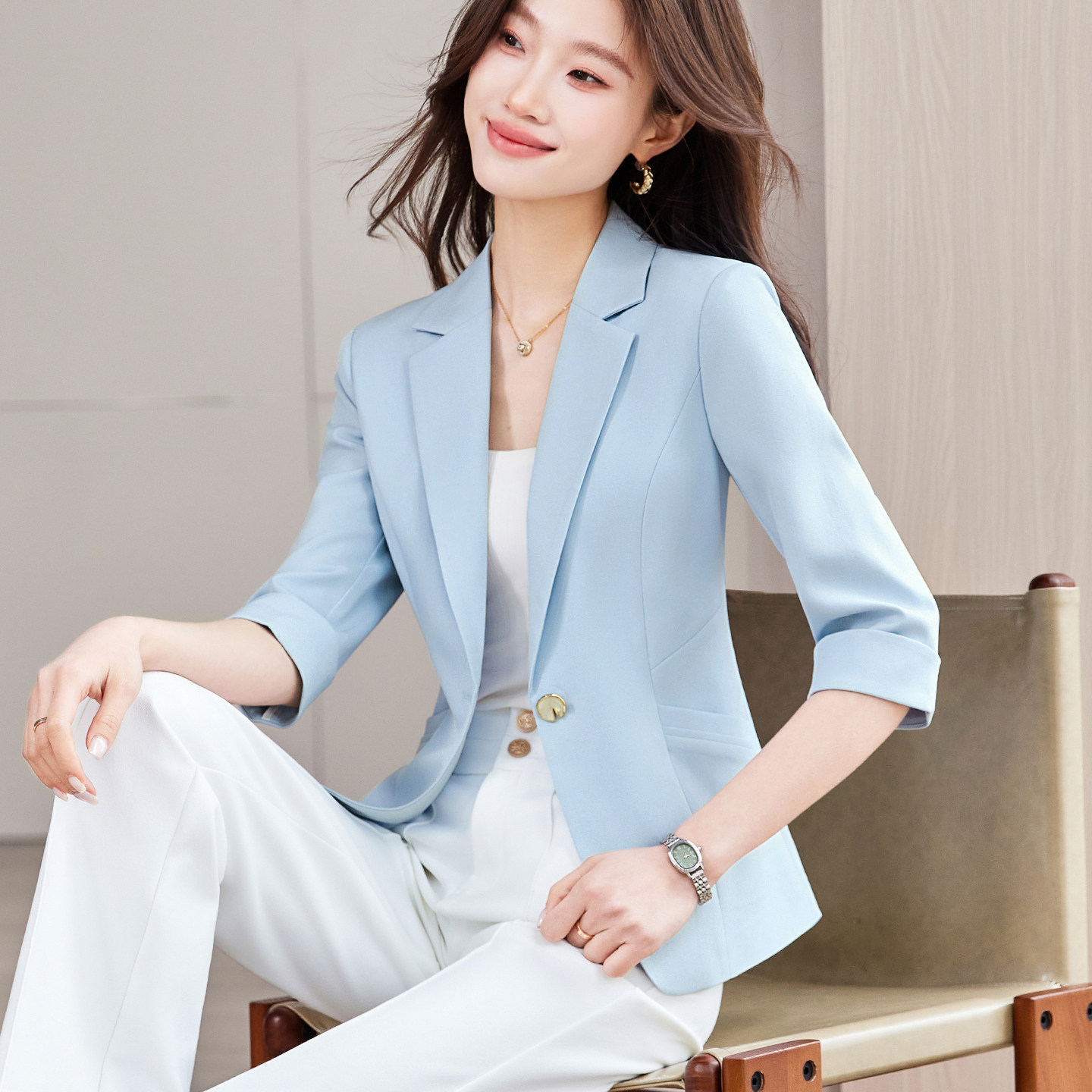 短款七分袖薄款小西装外套女