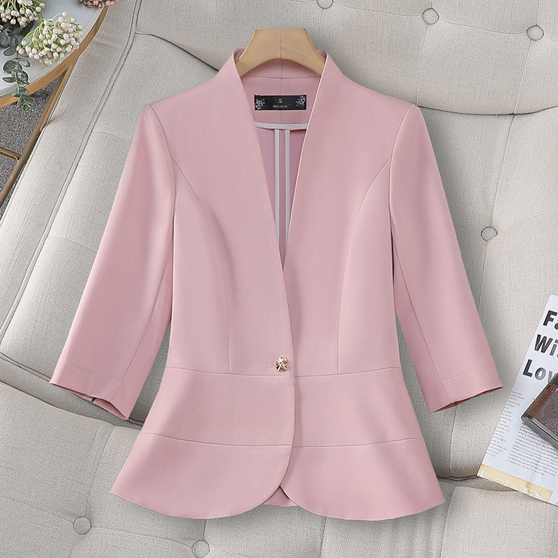 休闲洋气粉色短款小西装外套女春夏新款薄款七分袖无领气质西服