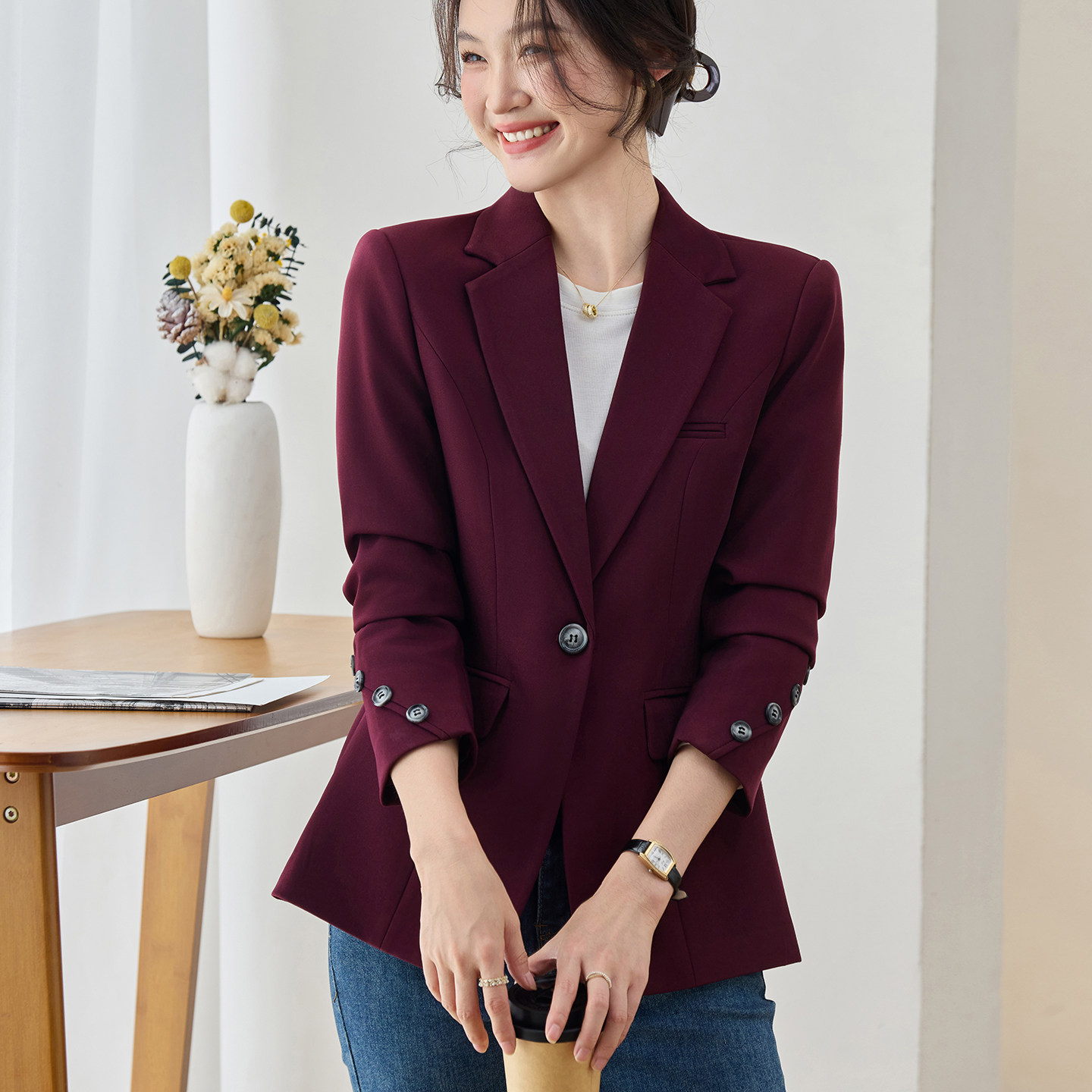 暗红长袖修身商务通勤西装外套女