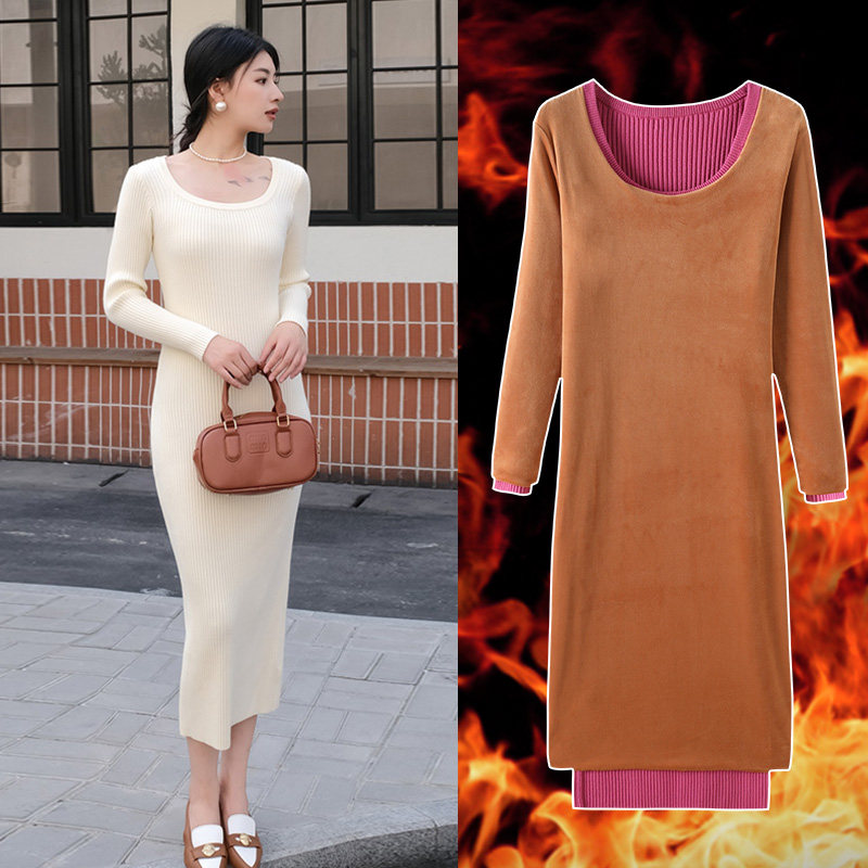 秋冬加绒毛衣女加厚连衣裙保暖修身中长款过膝打底裙包臀针织长裙