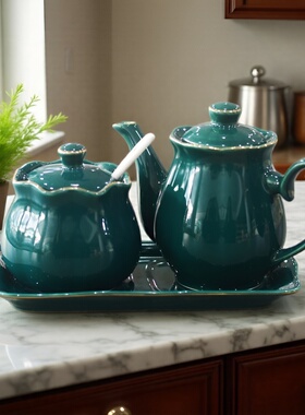 墨绿陶瓷调料罐酱油壶醋壶家用三件套装组辣椒油壶餐饮店酱油壶