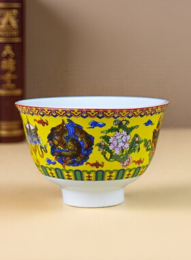 3.6英寸陶瓷高脚防烫酥油茶碗藏式吉祥八宝供水碗点心碗反口小碗