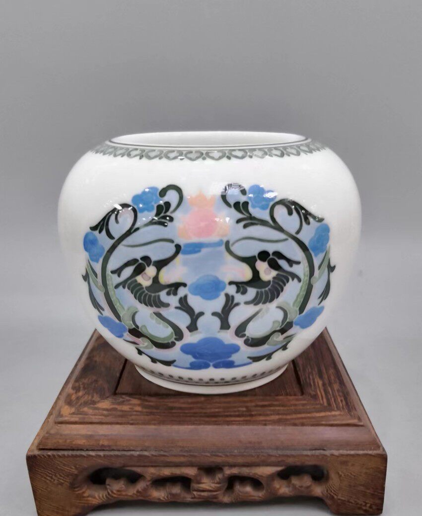 醴陵老瓷器群力瓷厂90年代釉下手绘双龙戏珠水缸文房精品原厂正品
