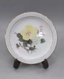 醴陵老瓷器群力70年代手绘花卉14㎝小挂盘赏盘黑双风款原装正品