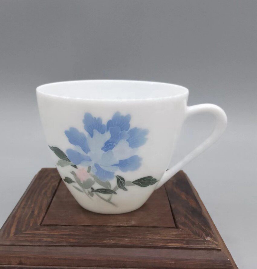醴陵老瓷器群力60年代环球款手绘含球泥蓝芍药玉兰杯精品原装正品