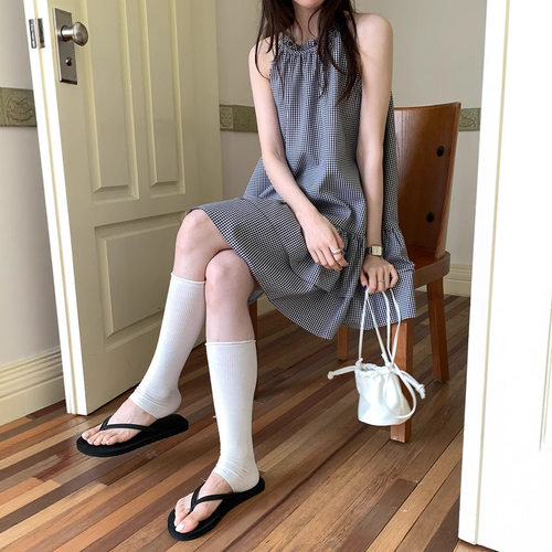 马里冯黑白格子蝴蝶结无袖挂脖连衣裙女夏季2026新款韩版宽松a字