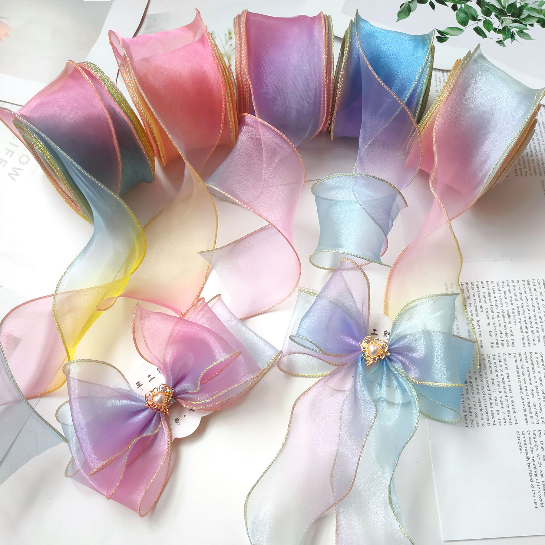 渐变彩虹金边拷边纱波浪鱼尾丝带